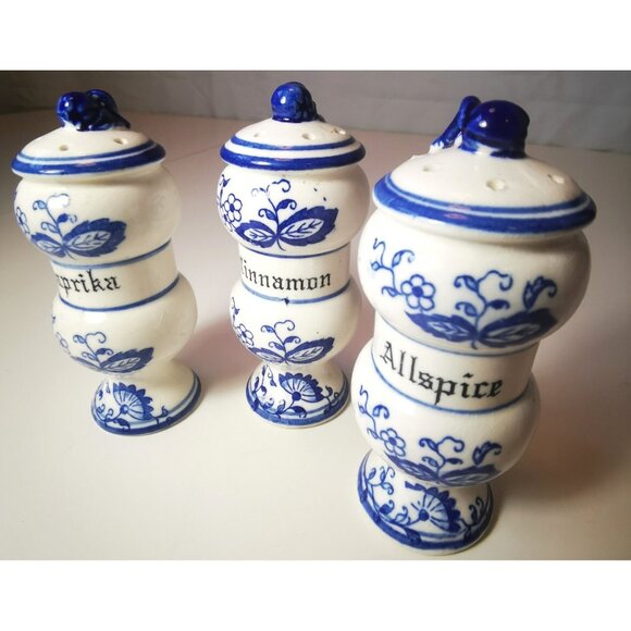 Trio of Spice Jars Blue & White Delft/Blue Onion Style French Country Vintage - Picture 6 of 7